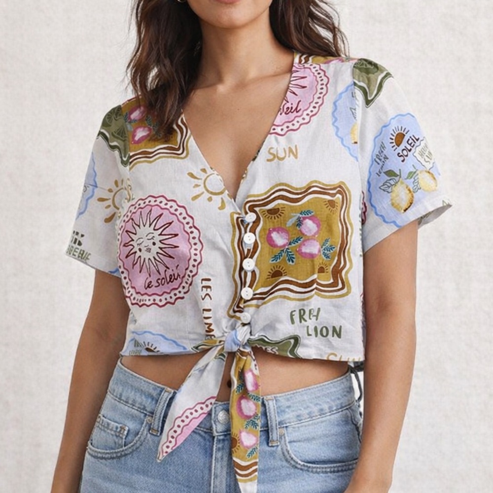 Joie Linen Blend Fruit/Sun Print Tie Front Cropped Top Sz 8